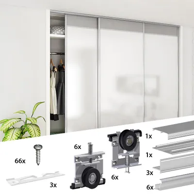Produktbild von Schiebetürbeschlag SLID'UP 220, 270 cm, 18 mm, 3 Türen bis 70 kg, silber, für Schränke, Kleiderschränke, Wandschränke