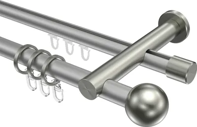 Produktbild von Interdeco Rundrohr-Innenlaufstange / Gardinenstange (Kombination) Silbergrau / Edelstahl-Optik, Typ Platon Luino (Kugel), 20 mm Ø 2-läufig, 160 cm