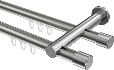 Produktbild von Interdeco Innenlaufstange / Gardinenstange mit Innenlauf Edelstahl-Optik / Chrom, Typ Platon Santo (Kappe), 20 mm Ø 2-läufig, 240 cm