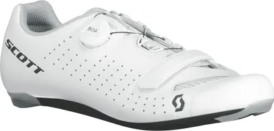 A white Scott Road Comp BOA cycling shoe with black accents is shown against a white background.
