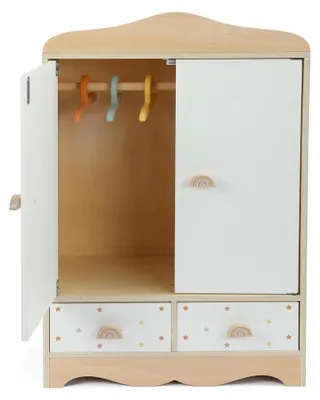 Produktbild von Puppenschrank Puppenmöbel Puppenhaus - Holz - Mit Türen - 3 Kleiderbügel und 2 Schubladen - Für Puppen 40 bis 50 cm