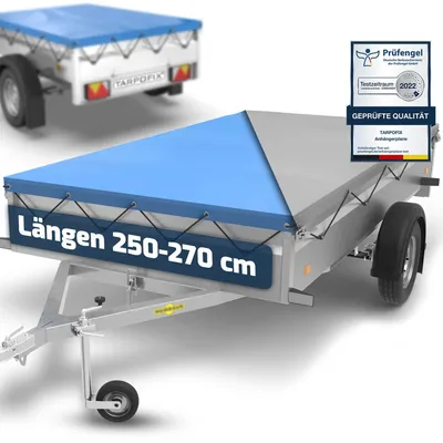 Produktbild von Tarpofix® Anhängerplane 258 x 136 cm mit Planenseil | Anhänger Plane flach aus PVC | Humbaur Plane verstärkt für 1300 kg PKW Anhänger | Anhänger Zubehör Abdeckplane wasserdicht Schutzplane