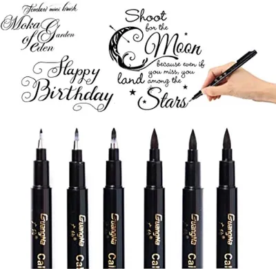 Productafbeelding van PromoHome® Kalligrafiepen-set: Handlettering-stiften - 6 zwarte viltstiften, penseelstiften voor tekst, tekenen, bullet journals en doe-het-zelf projecten