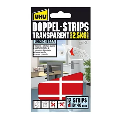 Produktbild von UHU Doppel Strips 19 mm x 40 mm 12 Stück transparent