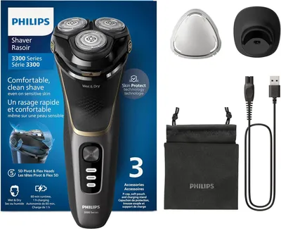 Produktbild von Philips Series 3000 Elektrorasierer Herren S3342/13, Wet & Dry, SkinProtect-Technologie, ausklappbarer Bartschneider, Ladestation & Reiseetui, Schwarz