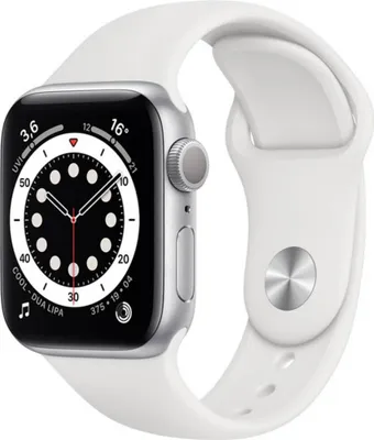 A close-up studio shot of an Apple Watch Series 6 with a white band.