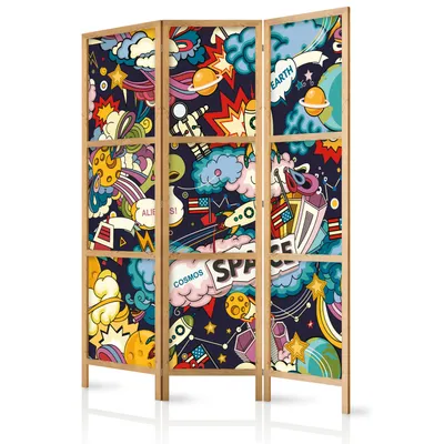 Produktbild von Paravent Comic Kosmos UFO 135x171 cm - 3-teilig - einseitig - eleganter Sichtschutz - Raumteiler - Trennwand - Raumtrenner - Holz - Design Motiv - Deko - Japan e-B-0039-z-b