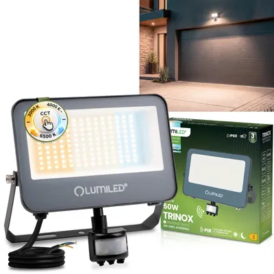 Produktbild von LUMILED LED Strahler Außen 50W 5500lm CCT 3000K 4000K 6500K mit Bewegungsmelder Dämmerungssensor IP65 Wasserdicht Fluter Außenstrahler Garten Garage Hof Wandstrahler Aluminium Grau Scheinwerfer Flutlichter schwarz Flutlichtstrahler