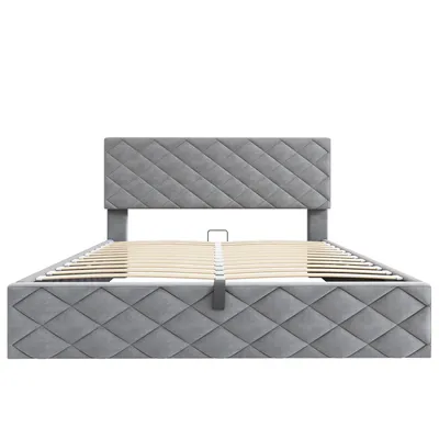 Produktbild von Flieks Polsterbett 140x200cm mit Lattenrost, Hydraulisches Boxspringbett mit Stauraum, Doppelbett Stauraumbett Funktionsbett, Samt, Grau