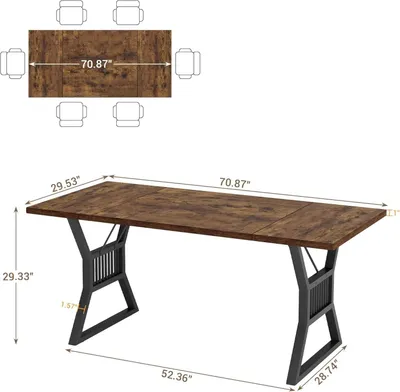 Produktbild von Großer Esstisch - Rechteckiger Küchentisch 180 cm - Industrie-Stil Holztisch - Metallbeine - Für 6–8 Personen - Braun
