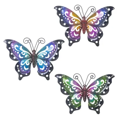 3er-Set Metall-Schmetterling Wanddekoration, bunt, für Außen