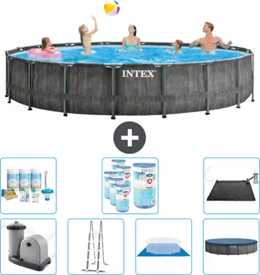 Produktbild von Intex Round Prism Frame Greywood-Schwimmbecken – 549 x 122 cm – inklusive Pumpe – Leiter – Bodenplane – Abdeckung Wartungspaket - Filter - Solarmatte