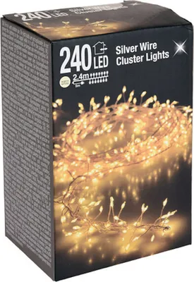 A product box for silver wire cluster lights.