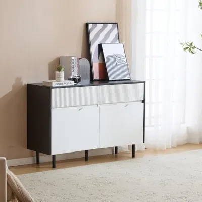 Produktbild von UnboxG Aufbewahrungsschrank 120 cm mit geriffelten Schubladen, Schwarz-Weißes Design, 2 Türen, Verstellbare Einlegeböden, Sideboard-Buffet für Küche, Wohnzimmer & Esszimmer
