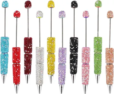 Productafbeelding van Glitterpennen met kralen - Set van 10 - Balpennen met strass-Steentjes zelfgemaakte gekleurde