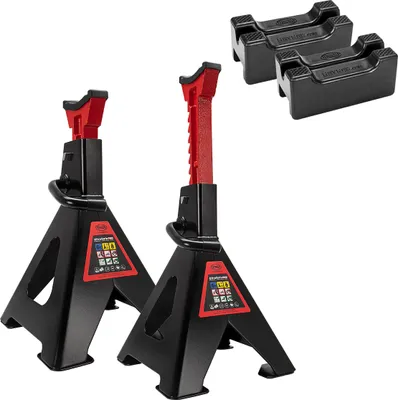 Zdjęcie produktu dla Zestaw 2 podpór HEYNER® z gumową podkładką i wzmocnioną gumową podkładką 3 w 1 Wysokość podnoszenia 405-620 mm Certyfikat Udźwig 6t Podpórka Noga podporowa 10-pozycyjna regulacja wysokości