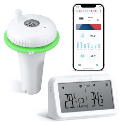 Produktbild von Schwimmender Wi-Fi-Poolthermometer - IBS-P02R mit Gateway - Genauigkeit ±1 °C - IPX7 - Bis zu 9 Thermometer - App für Pools, Whirlpools und Aquarien
