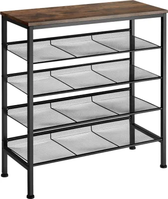A shoe rack with a wooden top and four mesh shelves, presented against a white background.