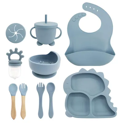 Produktbild von Kindergeschirr-Set, Kleinkind-Besteck, Silikonschüsseln, Teller, Lätzchen, Babynahrungstraining mit Trennwänden
