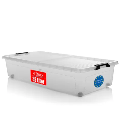 Produktbild von BigDean 4 Stück Unterbett Aufbewahrungsbox 32 L luftdicht & mit Rollen aus widerstandsfähigem Kunststoff, Unterbettkommod für Kleidung -In EU Gefertig