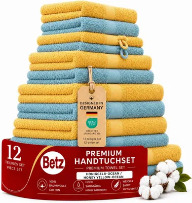 Produktbild von Betz 12-tlg. Handtuch-Set PREMIUM 2 Duschtücher 4 Handtücher 2 Gästetücher 2 Seiftücher 2 Waschhandschuhe  Farbe: honiggelb / ocean