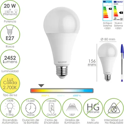 Produktbild von Standard-LED-Glühbirne mit E27-Gewinde. 20 Watt. Äquivalent zu 150 Watt. 2452 Lumen. Warmes Licht (3000º K.)