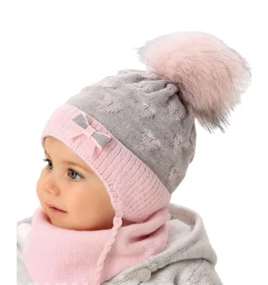 Produktbild von Baby Winter Mütze Mädchen Bindemütze Strickmütze mit Dreiecktuch Schal, Gr. 40-42, Rosa-Grau
