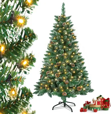 Obrázok produktu pre XMTECH 150 cm PVC umelý vianočný stromček s teplým osvetlením LED jedľa so snehom a borovicovou šiškou vianočná dekorácia