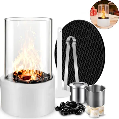 Produktbild von Tisch-Alkohol-Kamin rund aus Metall, echtes Feuer, tragbar, White, Schwarz, sicher, dekorativ, Indoor