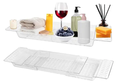 Image de Étagère de baignoire, extensible, transparente, avec support pour baignoire, pour salle de bain