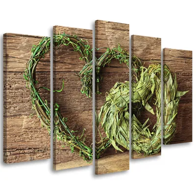 Produktbild von 5-teiliges leinwandbild herz natur pflanzen 200x100 cm Feeby grün wandbild bereit zum aufhängen