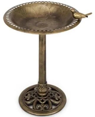 Image de Bain d'oiseaux pour jardin avec figurine de mésange - Abri à oiseaux sur pied - Acier inoxydable résistant aux intempéries - Socle avec piquets pour fixation au sol - Décoration vintage - Couleur : or - Dimensions : 53 x 52 x 10 cm