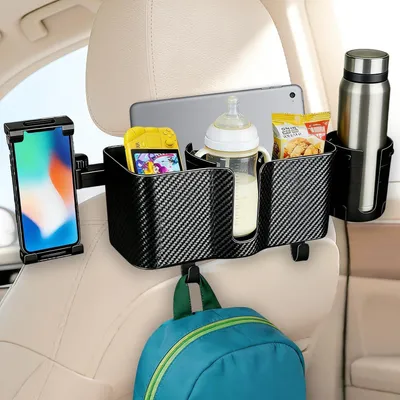 Immagine prodotto di Organizzatore per poggiatesta auto con portabicchieri, supporto per tablet e ganci, regolabile