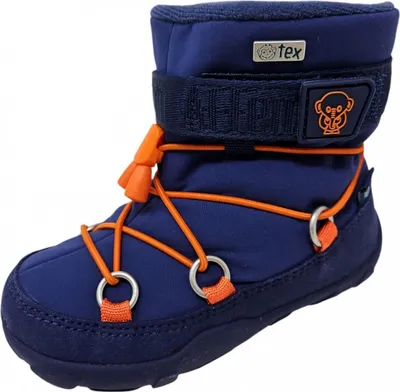 A single blue winter boot with orange laces and accents is shown against a white background.