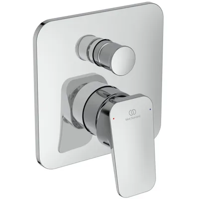 A close-up studio shot of a chrome shower faucet on a white background.