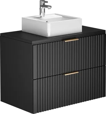 Produktbild von Rillenförmiger wandhängender Badezimmerschrank mit Aufsatzwaschbecken - Schwarz - 80 cm - ZEVARA