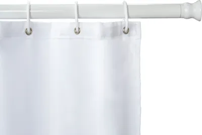 A close-up view of a white shower curtain hanging from a white telescopic shower rod.