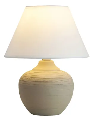 A table lamp with a conical shade and a rounded base.