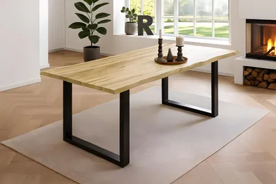 Produktbild von Esstisch Baumkante massiv Akazie eichefarben 180 x 90 schwarz NIAH