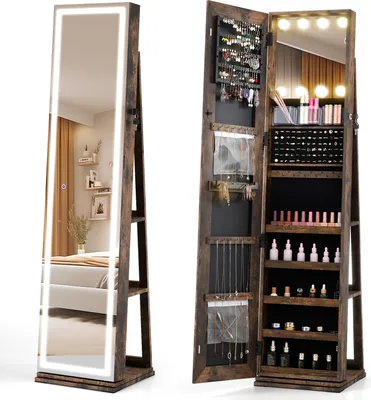 Produktbild von COSTWAY 360° Schmuckschrank mit LED Ganzkörperspiegel, Spiegelschrank mit Make-up-Spiegel, Schmuck-Organizer freistehend, Braun