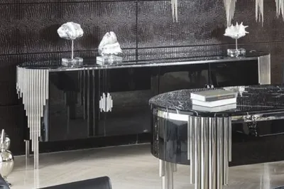 Produktbild von Casa Padrino Luxus Sideboard mit 4 Türen und Kunstmarmor Platte Schwarz / Silber 251,2 cm - Luxus Möbel