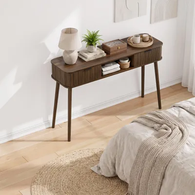 Produktbild von Moderner Sofatisch/Schreibtisch, Konsole im Vintage-Stil mit Schubladen und offenem Ablagefach, , geeignet für Wohnzimmer, Walnuss-Optik(Ohne Stühle)