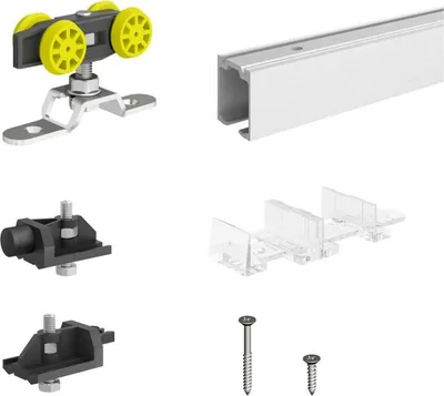 Produktbild von MANTION Schiebetürbeschlag Modell 160 für 1 Tür, Laufschiene 200 cm (33x33 mm), max. 60 kg Türgewicht, Türstärke 16-40 mm, max. Lichtöffnung 200 cm, Aluminium, nadelgelagerte Laufwagen, Innenbereich, nicht für MDF/Spanplatte ohne Massivholz-Umleimer
