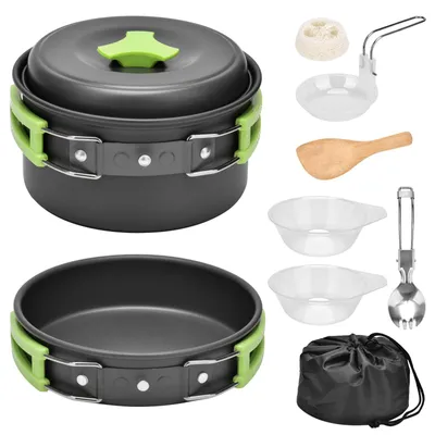 Immagine prodotto di Set di pentole e padelle Qtiwe, composto da 10 pezzi, ideale per picnic, campeggio, escursioni all'aperto e barbecue, adatto per 1-2 persone,  FDA