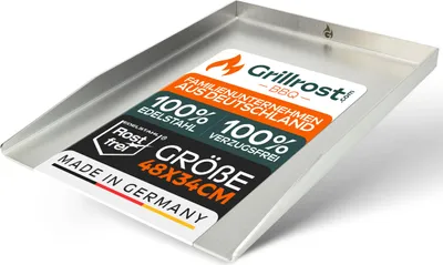 A stainless steel grill plate on a white background.