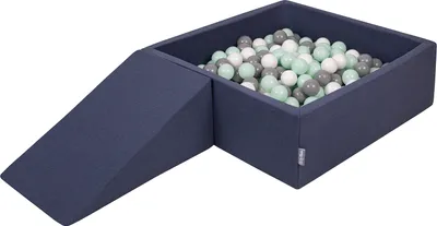 Produktbild von KiddyMoon spielplatz aus schaumstoff mit rund bällebad (100 bälle) ballgruben für babys spielbad hindernisläufen, hergestellt in der eu, dunkelblau:weiß/grau/minze