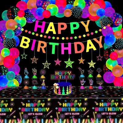 Productafbeelding van Feestdecoratieset, 80-delig, zwartlichtreactief, neonballonnen, banner, guirlande, tafelkleed, taartdecoraties