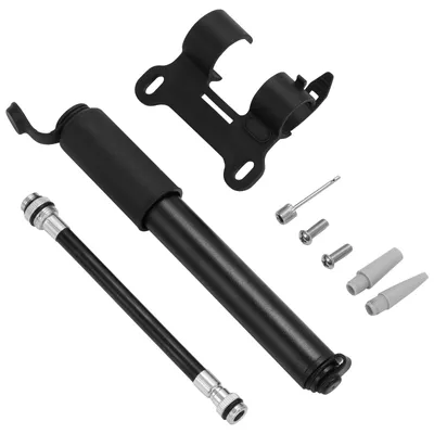 Imagen del producto de Bomba de bicicleta portátil, de tamaño compacto, con una presión de 120 psi, compatible con válvulas Presta y Schrader, e incluye un soporte