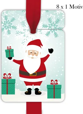 Produktbild von 8 fröhliche Weihnachts Geschenkanhänger zu Weihnachten mit winkendem Weihnachtsmann Santa Claus im Schnee mit Geschenken
