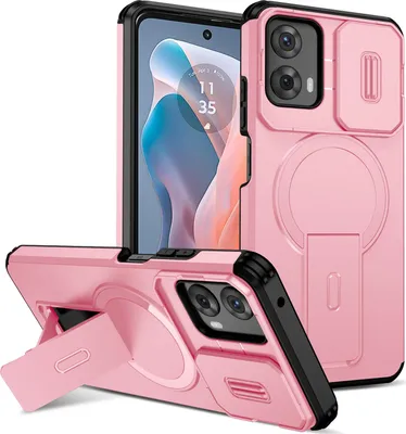 Image de Etui magnétique pour Motorola Moto G 2024, étui durable double couche avec protection coulissante de l'appareil photo et support ajustable Rose